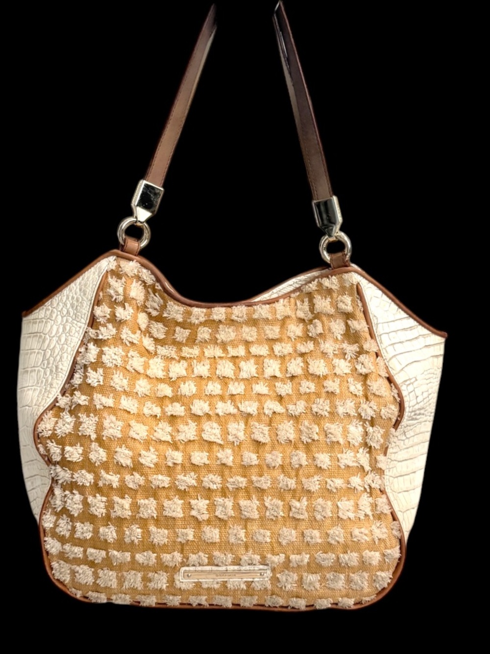 Brahmin Cream Croc Embossed Woven Fringe Shoulder Bag